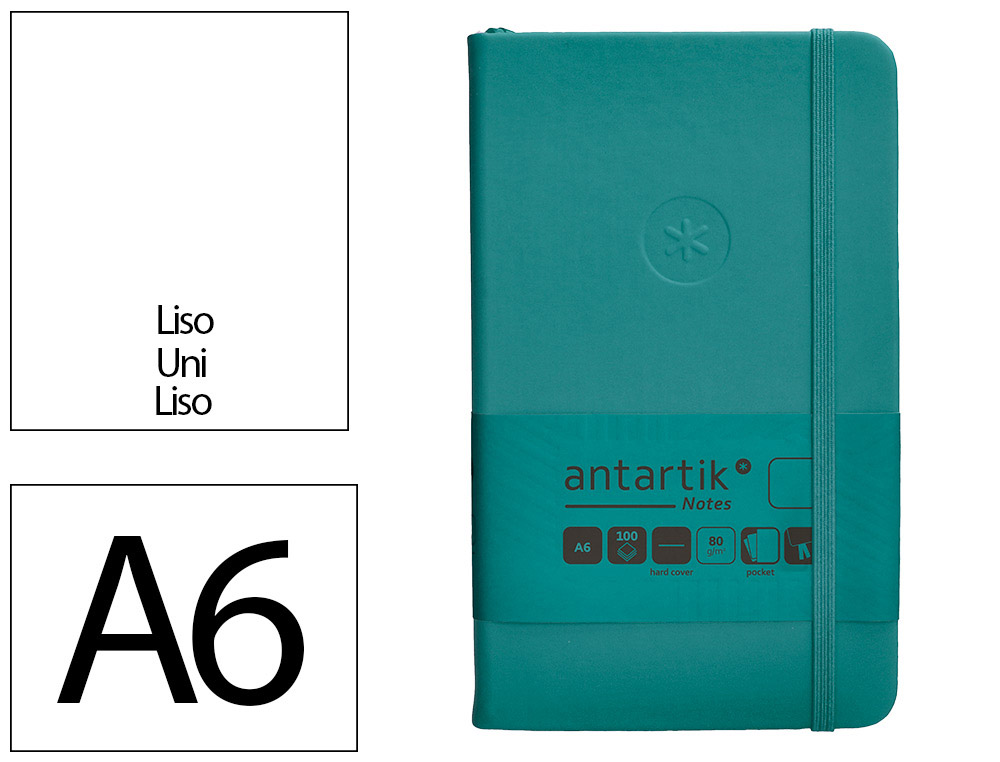 CUADERNO CON GOMILLA ANTARTIK NOTES TAPA DURA A6 HOJAS LISAS VERDE AGUAMARINA 100 HOJAS 80 GR FSC