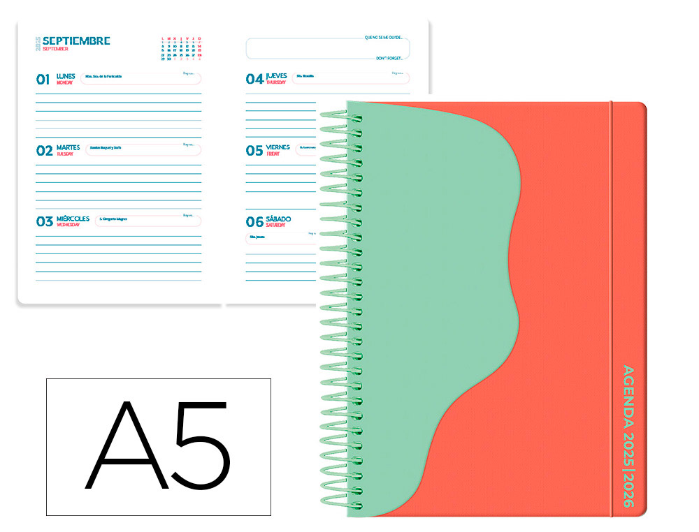 AGENDA ESCOLAR LIDERPAPEL 25-26 ESPIRAL WAVES ROJO SEMANA VISTA A5 BILINGÜE PAPEL FSC 80 GR