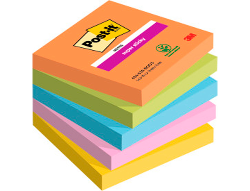 BLOC DE NOTAS ADHESIVAS QUITA Y PON POST-IT SUPER STICKY 76X76 MM CON 90 HOJAS PACK DE 5 BLOC COLORES SURTIDOS